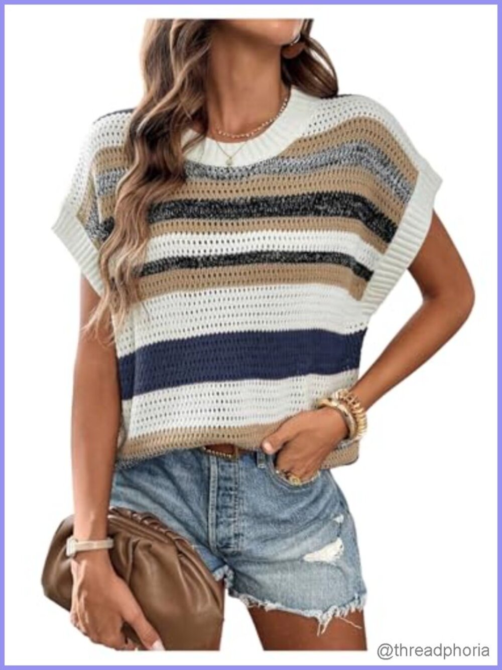 Women's Striped Oversized Hollow Out Crochet Crew Neck Pullover Sweater